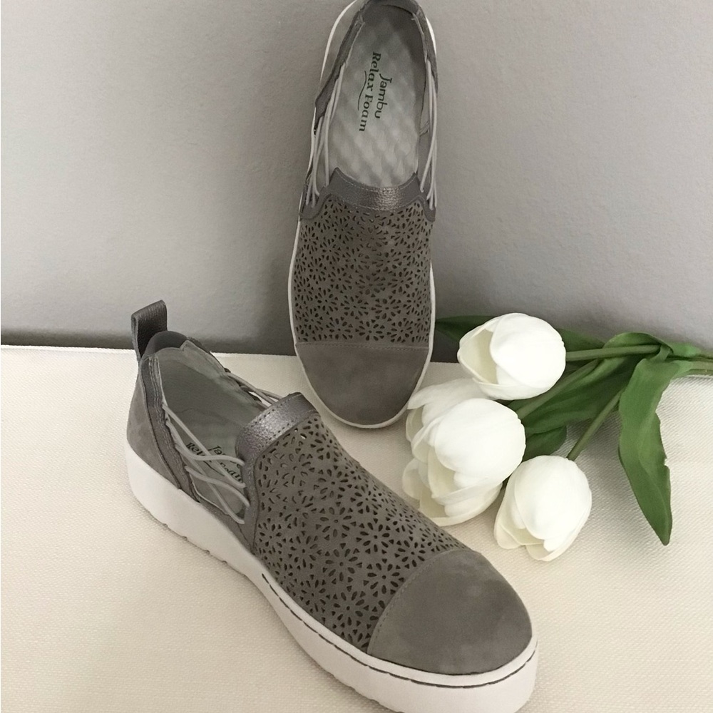 Jambu Leather & Suede casual comfort step-in sneaker -Erin - gunmetal gray - NEW
